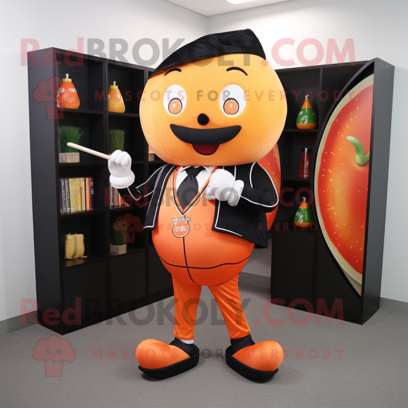 Peach Knife Thrower mascot costume character dressed with a Suit Jacket and Wallets Peach Knife Thrower mascot costume character dressed with a Suit Jacket and Wallets