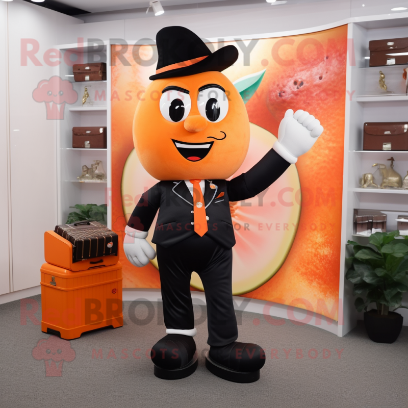 Peach Knife Thrower mascot costume character dressed with a Suit Jacket and Wallets Peach Knife Thrower mascot costume character dressed with a Suit Jacket and Wallets