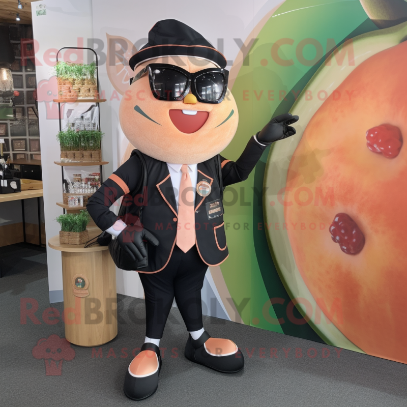 Peach Knife Thrower mascot costume character dressed with a Suit Jacket and Wallets Peach Knife Thrower mascot costume character dressed with a Suit Jacket and Wallets