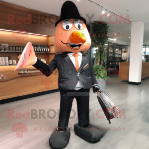 Peach Knife Thrower mascot costume character dressed with a Suit Jacket and Wallets