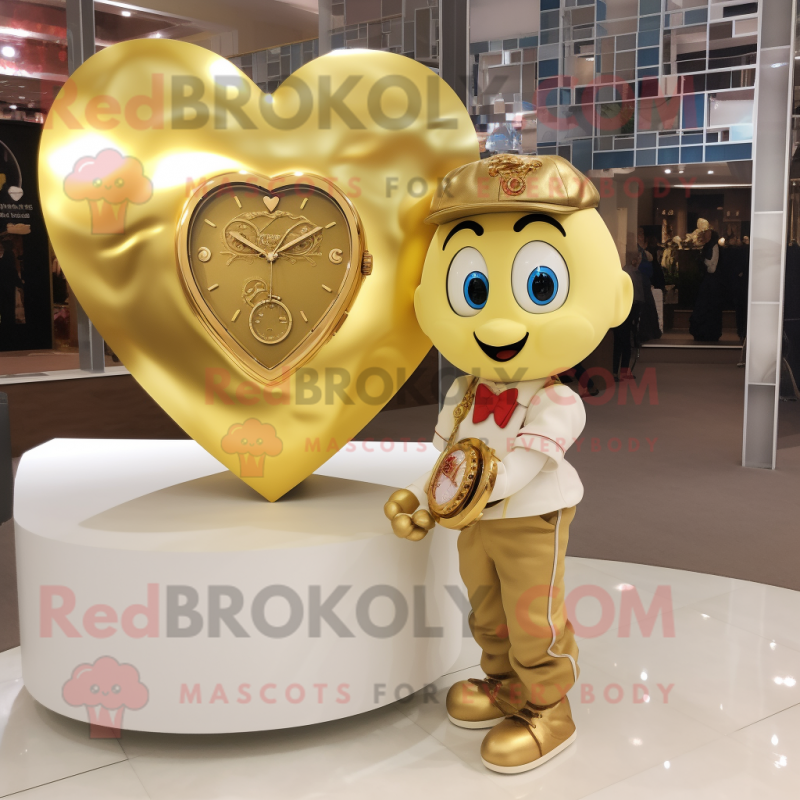 Gold Heart mascot costume character dressed with a Chinos and Bracelet watches Gold Heart mascot costume character dressed with a Chinos and Bracelet watches