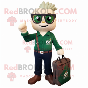 Forest Green Pop Corn mascot costume character dressed with a Polo Tee and Briefcases