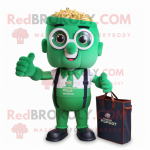 Forest Green Pop Corn mascot costume character dressed with a Polo Tee and Briefcases