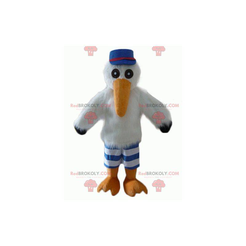 Mascotte de mouette de cigogne avec une casquette et un maillot