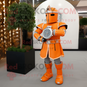 Orange Medieval Knight mascot costume character dressed with a Suit Pants and Bracelet watches