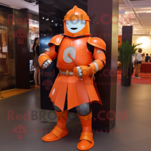 Orange Medieval Knight mascot costume character dressed with a Suit Pants and Bracelet watches