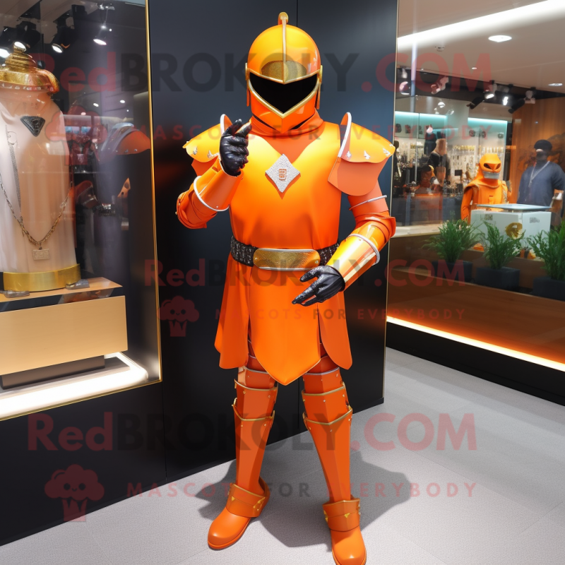 Orange Medieval Knight mascot costume character dressed with a Suit Pants and Bracelet watches