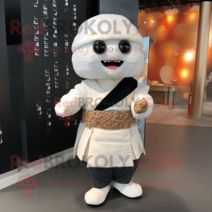 White Sushi mascot costume character dressed with a Coat and Suspenders