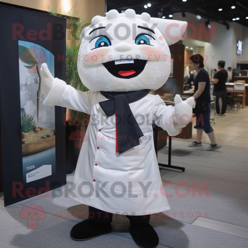 White Sushi mascot costume character dressed with a Coat and Suspenders White Sushi mascot costume character dressed with a Coat and Suspenders