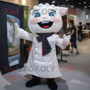 White Sushi mascot costume character dressed with a Coat and Suspenders