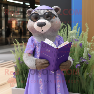 Lavender Otter mascot costume character dressed with a Shift Dress and Reading glasses