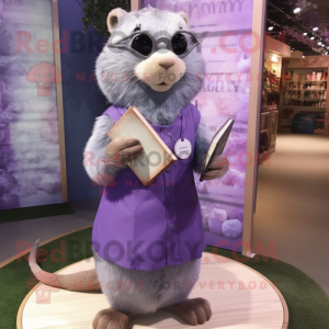 Lavender Otter mascot costume character dressed with a Shift Dress and Reading glasses