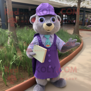 Lavender Otter mascot costume character dressed with a Shift Dress and Reading glasses