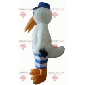 Mascote da gaivota cegonha com um boné e uma camisa -