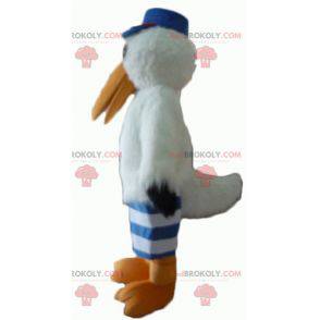 Mascotte de mouette de cigogne avec une casquette et un maillot