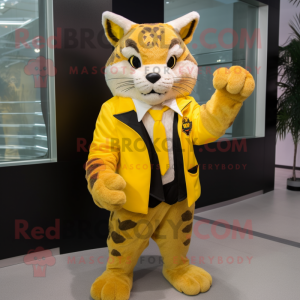 Yellow Bobcat mascot costume character dressed with a Blazer and Gloves