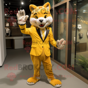 Yellow Bobcat mascot costume character dressed with a Blazer and Gloves