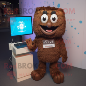 Brown Computer mascot costume character dressed with a T-Shirt and Necklaces