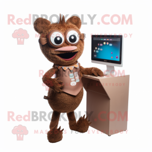 Brown Computer mascot costume character dressed with a T-Shirt and Necklaces