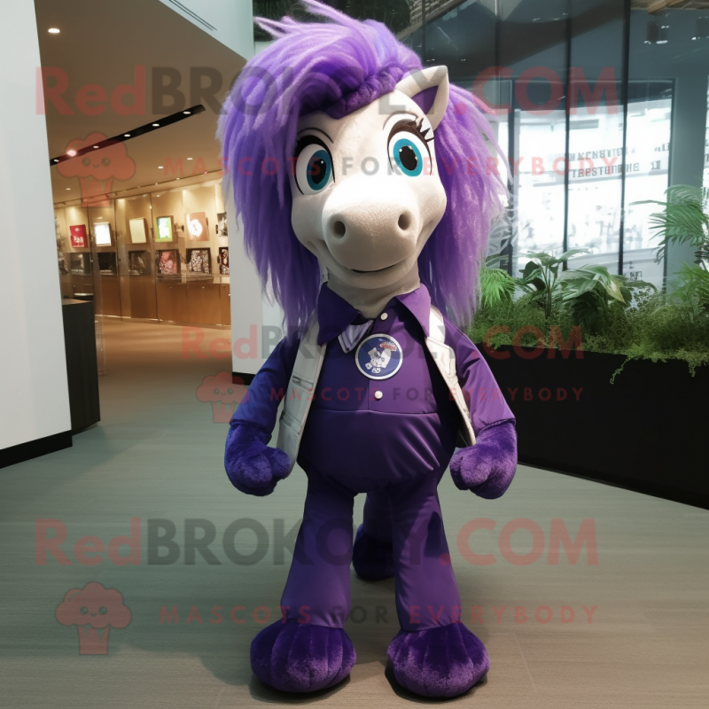 Purple Horse mascot costume character dressed with a Mini Skirt and Tie pins