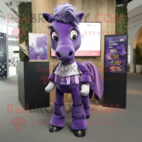 Purple Horse mascot costume character dressed with a Mini Skirt and Tie pins