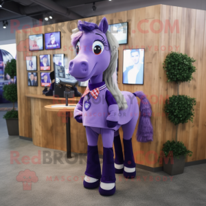 Purple Horse mascot costume character dressed with a Mini Skirt and Tie pins