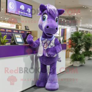 Purple Horse mascot costume character dressed with a Mini Skirt and Tie pins