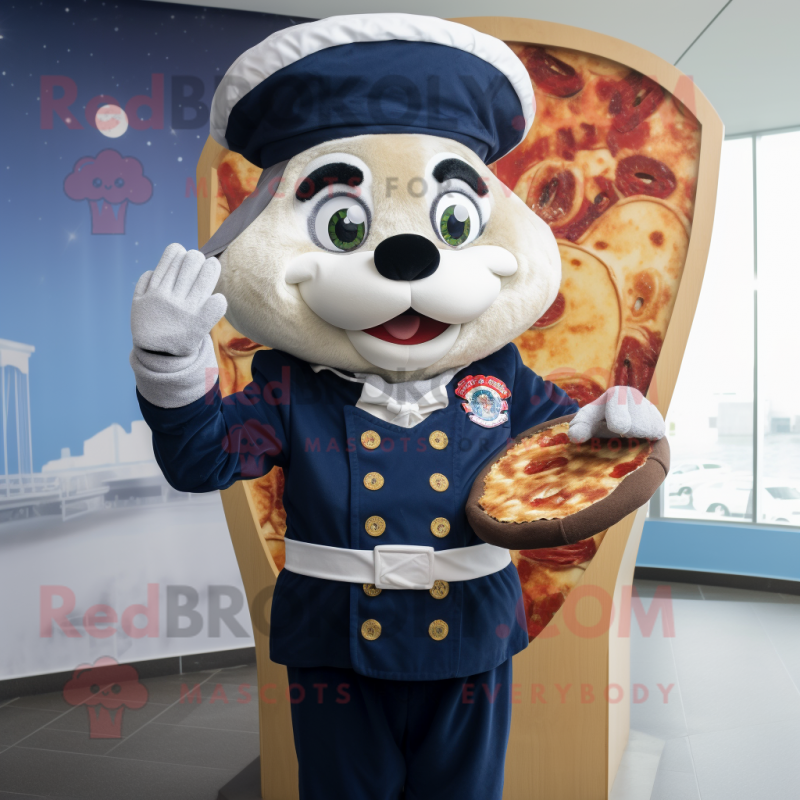 Navy Pizza mascot costume character dressed with a Waistcoat and Headbands Navy Pizza mascot costume character dressed with a Waistcoat and Headbands