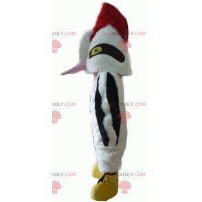 Mascotte bellissimo uccello bianco nero e rosso con un grande