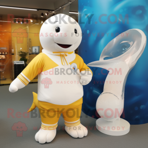 Gold Beluga Whale mascot costume character dressed with a Rugby Shirt and Hairpins