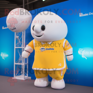 Gold Beluga Whale mascot costume character dressed with a Rugby Shirt and Hairpins