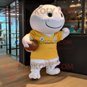 Gold Beluga Whale mascot costume character dressed with a Rugby Shirt and Hairpins