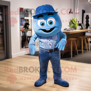 Blue But mascot costume character dressed with a Jeans and Tie pins