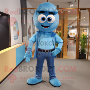 Blue But mascot costume character dressed with a Jeans and Tie pins