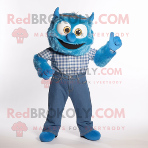 Blue But mascot costume character dressed with a Jeans and Tie pins