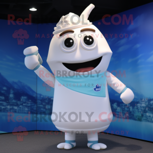 Cream Bottle Of Milk mascot costume character dressed with a Swimwear and Backpacks