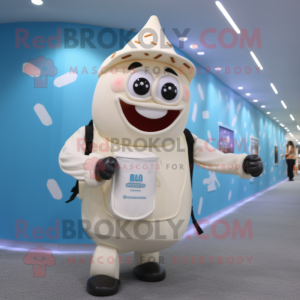 Cream Bottle Of Milk mascot costume character dressed with a Swimwear and Backpacks