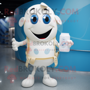 Cream Bottle Of Milk mascot costume character dressed with a Swimwear and Backpacks