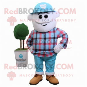 Sky Blue Radish mascot costume character dressed with a Flannel Shirt and Shoe laces