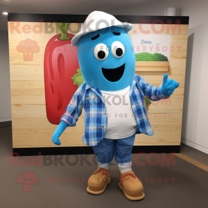 Sky Blue Radish mascot costume character dressed with a Flannel Shirt and Shoe laces