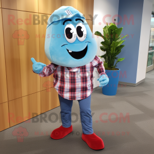 Sky Blue Radish mascot costume character dressed with a Flannel Shirt and Shoe laces