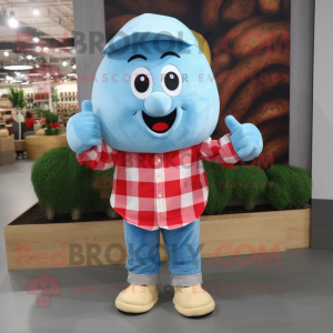 Sky Blue Radish mascot costume character dressed with a Flannel Shirt and Shoe laces