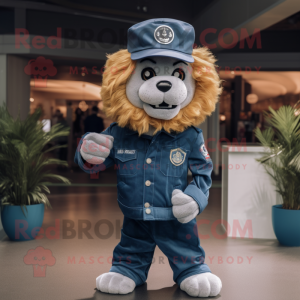 Navy Lion mascot costume character dressed with a Denim Shirt and Caps