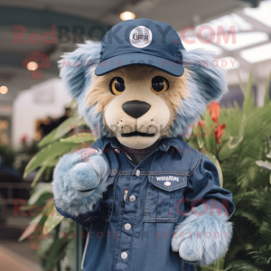 Navy Lion mascot costume character dressed with a Denim Shirt and Caps