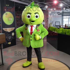 Lime Green Raspberry mascot costume character dressed with a Blazer and Rings