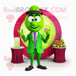 Lime Green Raspberry mascot costume character dressed with a Blazer and Rings