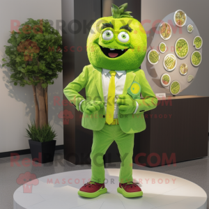 Lime Green Raspberry mascot costume character dressed with a Blazer and Rings