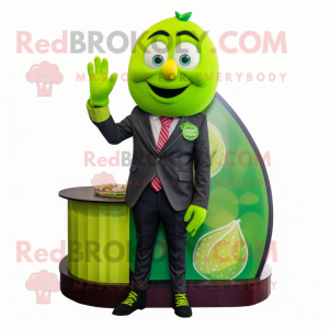 Lime Green Raspberry mascot costume character dressed with a Blazer and Rings