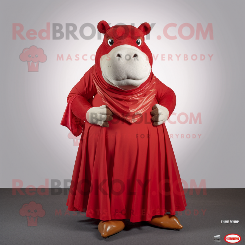 Red Hippopotamus mascot costume character dressed with a A-Line Skirt and Wraps