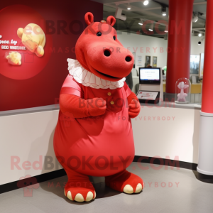 Red Hippopotamus mascot costume character dressed with a A-Line Skirt and Wraps